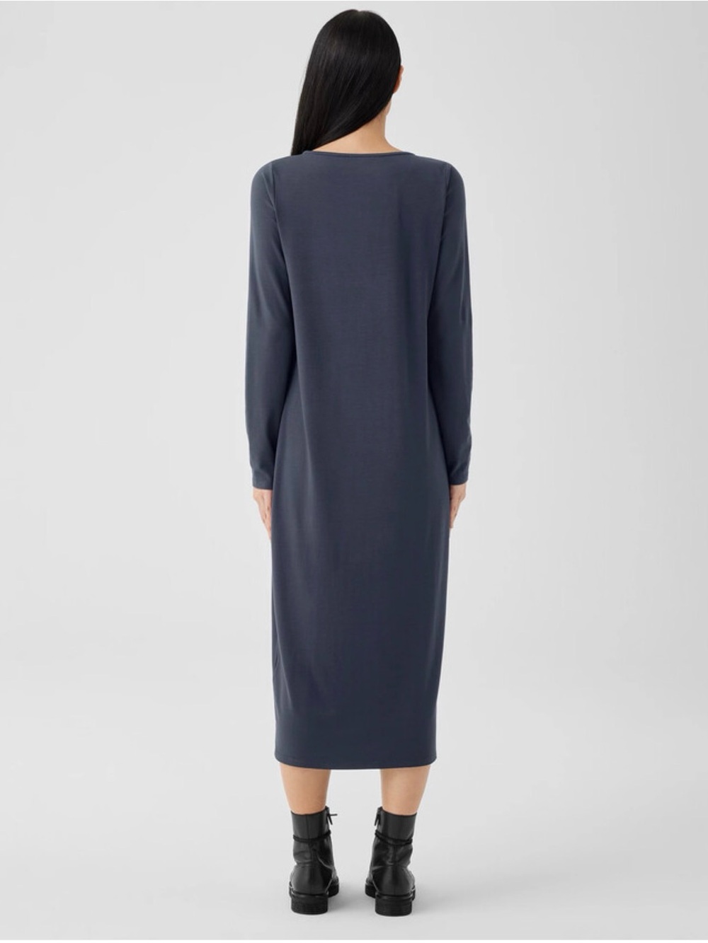 Eileen Fisher Stretch Jersey Knit Jewel Neck Long Sleeve Midi Dress Slate Blue - Picture 4 of 4